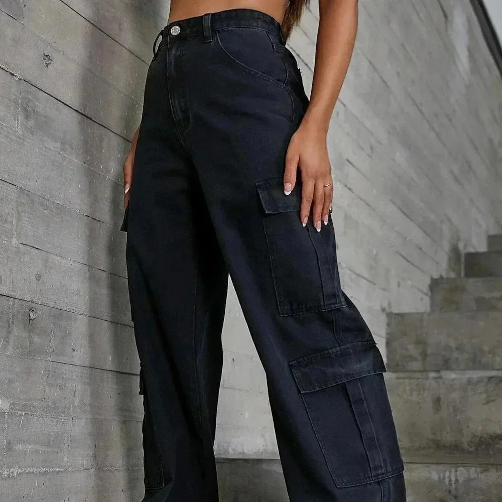 Black Casual Womens Zipper Fly Flap Pocket Boyfriend Jeans - Picture 4 of 5